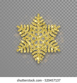 Schneeflocke aus goldenen Glitterpartikeln Textur. Weihnachtsschneeflocken einzeln auf Weihnachtsgeschmack für Neujahrskarte, Plakat auf transparentem Hintergrund.