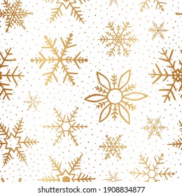 Patrón sin costuras dorado copo de nieve. Fondo dorado de invierno. Textura repetida y elegante. Repitiendo el delicado fondo de nieve. Caer copos de nieve aleatorios para el diseño de huellas de invierno. Dispersar copos de nieve. Vector