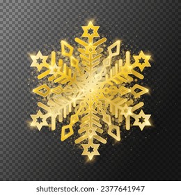 Snowflake with a golden shiny texture on a dark transparent background. A silver snowflake, a Christmas decoration, covered with bright glitter and sparks. Vector illustration.