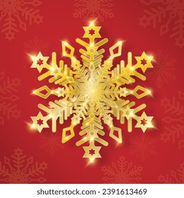 Copo de nieve con una textura dorada brillante sobre un fondo rojo. Un copo de nieve plateado, una decoración navideña, cubierta de brillantes brillantes y chispas. Ilustración vectorial.