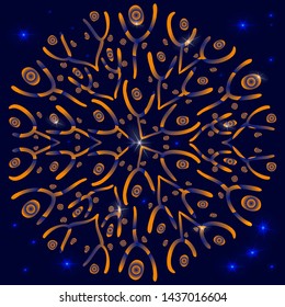 Snowflake with gradient shading of yellow and blue in the style of hand-drawing against the background of bright stars and a dark blue sky. Element to create a background for the site, postcards.