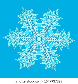 Snowflake. 
Graphic, hand-drawn, colored snowflake on a blue background.