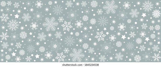 Snowflake gray background with white snowflakes, blue gray Christmas card - stock vector