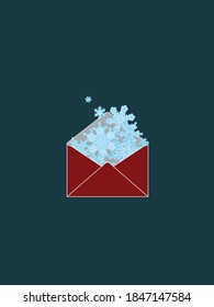 Snowflake Greetings. Red Gift Envelope full of Winter. Isolated Christmas Design on Green. Vector Art