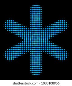 Snowflake halftone vector icon. Illustration style is dot iconic snowflake symbol on a black background. Halftone texture is made with round elements.