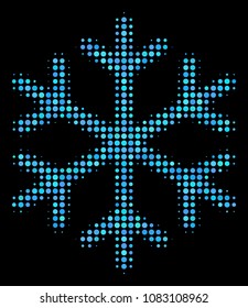 Snowflake halftone vector icon. Illustration style is pixel iconic snowflake symbol on a black background. Halftone pattern is build with spheric cells.
