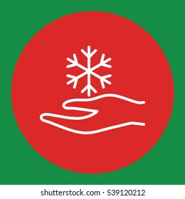 snowflake in hand arm care snow winter line white icon in red circle