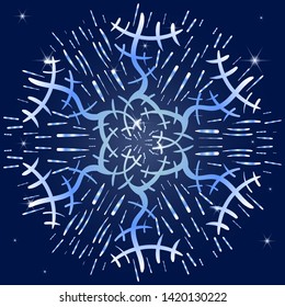 Snowflake in hand drawing style for design of winter themes. Vector image of snow on a blue background with a gradient. For printing on fabric, postcards. Abstract background for christmas invitations