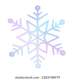 Schneeflocken, handgezeichnet. Feiner Neonschnee einzeln auf weißem Hintergrund. Zeichnen von Eiskristall für die Gestaltung des Winterdrucks. Abstrakte glänzende holografische Ikone. Glanzstern mit Metalleffekt. Vektorgrafik
