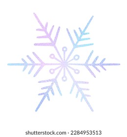 Schneeflocken, handgezeichnet. Feiner Neonschnee einzeln auf weißem Hintergrund. Zeichnen von Eiskristall für die Gestaltung des Winterdrucks. Abstrakte glänzende holografische Ikone. Glanzstern mit Metalleffekt. Vektorgrafik