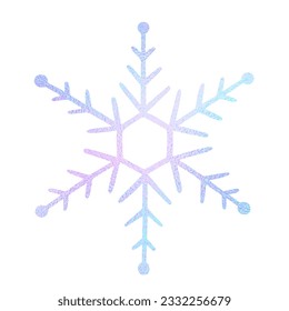 Schneeflocken, handgezeichnet. Feiner Neonschnee einzeln auf weißem Hintergrund. Zeichnen von Eiskristall für die Gestaltung des Winterdrucks. Abstrakte glänzende holografische Ikone. Glanzstern mit Metalleffekt. Vektorgrafik