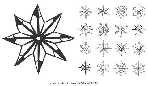 Copo de nieve dibujado a mano conjunto. Formas de cristal de invierno en estilo doodle y sketch. Elementos decorativos para tarjetas de felicitación de Navidad y Navidad. Símbolos de escamas de hielo para el fondo estacional y el diseño de vacaciones.

