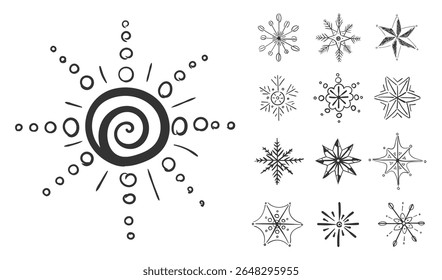 Snowflake hand drawn set. Winter crystal shapes in doodle and sketch style. Decorative elements for christmas and xmas greeting cards. Ice flake symbols for seasonal background and holiday design.

