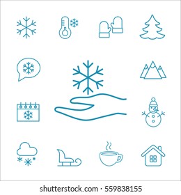 snowflake in the hand line icons set blue on white