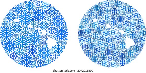 Snowflake Hawaii State map mosaic created with circle and hole. Vector Hawaii State map composition of snow items in different sizes and blue color tinges. Created for New Year posters.