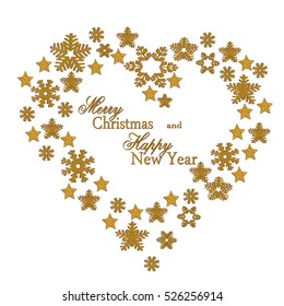 Snowflake. Heart from gold snowflakes for a card to the winter feast of Christmas and New Year. Vector illustration.