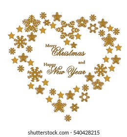 Snowflake. Heart from gold snowflakes for a card to the winter feast of Christmas and New Year. Vector illustration
