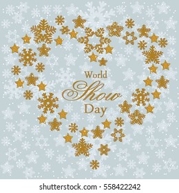 Snowflake. Heart from gold snowflakes for a card to the winter feast of Christmas and New Year.  Vector illustration