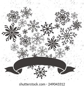snowflake heart shape with ribbon background