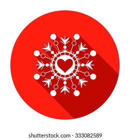 Snowflake, heart view icon. Christmas, Valentine day, birthday symbol. Unusual stars, flakes with hearts. Red round button and white snowflake silhouette with long shadow. Vector isolated