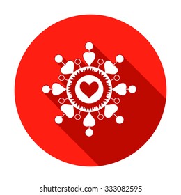 Snowflake, heart view icon. Christmas, Valentine day, birthday symbol. Unusual stars, flakes with hearts. Red round button and white snowflake silhouette with long shadow. Vector isolated