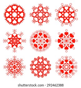 Snowflake, heart view icon set. Christmas, Valentine day, birthday symbol. Stars, flakes with hearts. Red silhouettes on white background. Vector isolated