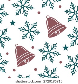 Floco de neve e sinos de férias padrão de telha sem costura com acentos de inverno espumante e tons festivos conceito como sinos de férias espumantes emparelhados com flocos de neve criar um padrão de telha sem costura com acentos de inverno festivo perfeito para decoração de férias no Photo Stock Concept e espaço vazio no lado esquerdo, sem texto —ar 7:2 —azulejo