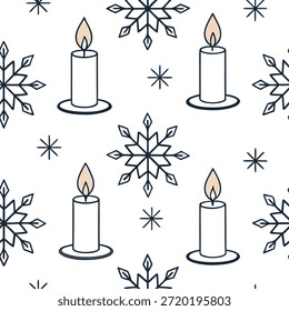 Snowflake and holiday candle seamless tile pattern with warm glow and frosty accents concept as Warm glowing candles paired with snowflakes create a seamless tile pattern with frosty accents perfect for winter decor in Photo Stock Concept and empty space on the left side,no text --ar 7:2 --tile