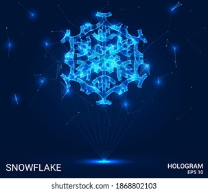 The snowflake hologram. A snowflake made up of polygons, triangles, points, and lines. Snowflake is a low poly compound structure. The technology concept.