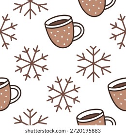 Snowflake and hot beverage seamless tile pattern with cozy winter elements and warm colors concept as Cozy winter elements like mugs of hot beverages paired with snowflakes create a seamless tile pattern with warm colors perfect for winter decor in Photo Stock Concept and empty space on the left side,no text --ar 7:2 --tile