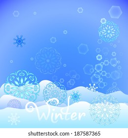 Snowflake and ice on blue snowing background and inscription - Winter.