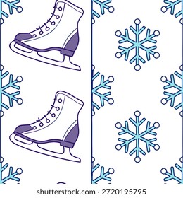 Copo de nieve y patines de hielo patrón de baldosas sin costuras con el concepto dinámico de Elementos deportivos de invierno como los patines dinámicos de hielo emparejado con copos de nieve crean un patrón de baldosas sin costuras con Elementos deportivos de invierno perfecto para la decoración activa en la foto de archivo concepto y espacio vacío en el lado izquierdo, sin texto --ar 7:2 --tile