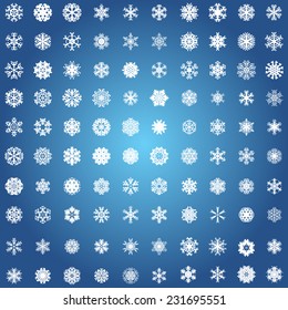 Snowflake icon. 100 snowflokes. Winter theme. Winter snowflakes of different shapes.