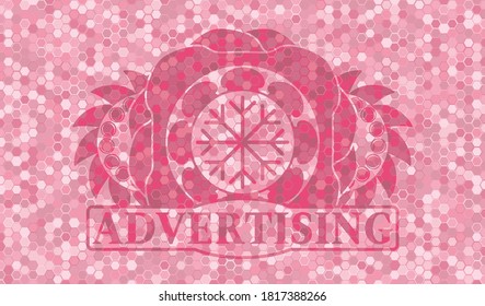 Snowflake icon and Advertising text pink color tile mosaic style pattern realistic badge. Geometric hexagon luxurious background. Intense illustration. 