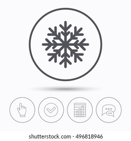 Snowflake icon. Air conditioning symbol. Chat speech bubbles. Check tick, report chart and hand click. Linear icons. Vector