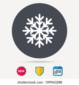 Snowflake icon. Air conditioning symbol. Calendar, shield protection and new tag signs. Colored flat web icons. Vector