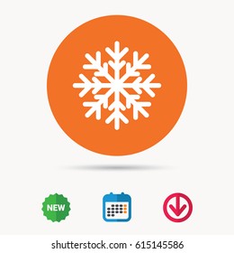 Snowflake icon. Air conditioning symbol. Calendar, download arrow and new tag signs. Colored flat web icons. Vector
