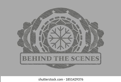 Icono de copo de nieve y detrás de escena texto Gray ACV insignia realista. Sólido fondo de moda. Ilustración. 