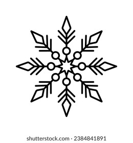 Icono de copo de nieve. Silueta lineal de contorno negro. Vista frontal. trazos editables. Ilustración gráfica plana vectorial simple. Objeto aislado sobre un fondo blanco. Aislar.