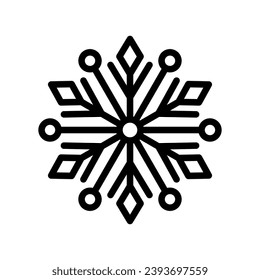 Schneeflocken-Symbol. Schwarze Kontur lineare Silhouette. Bearbeitbare Striche. Vorderseite. Vektorgrafik, einfache flache Grafik. Einziger Gegenstand auf weißem Hintergrund. Isolieren.