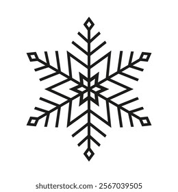 Snowflake icon. Black snowflake isolated on white background. Cold snow. Outline silhouette frozen crystal. Flake for design winter print. Cute star. Simple symbol shape freeze. Vector illustration