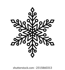 Snowflake icon. Black outline linear silhouette. Editable strokes. Front view. Vector simple flat graphic illustration. Isolated object on white background. Isolate.