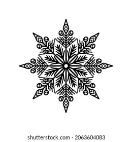 Schneeflocken-Symbol. Schwarze runde Umrisssilhouette. Vektorgrafik einfache flache, handgezeichnete Illustration. Das einzelne Objekt auf weißem Hintergrund. Isolieren.
