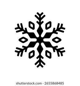 Ícone de floco de neve. Silhueta preta. Vista frontal. Ilustração gráfica plana simples vetorial. Objeto isolado no plano de fundo branco. Isolar.