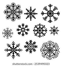 Ícone de floco de neve conjunto grande de vetor preto e branco isolado