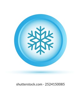 Icono de copo de nieve en Botón redondo azul. Símbolo de hielo. Signo de logro de nieve. Ilustración vectorial aislada sobre fondo blanco