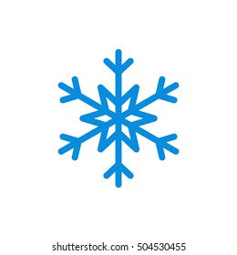 Snowflake icon. Blue silhouette snow flake sign, isolated on white background. Flat design. Symbol of winter, frozen, Christmas, New Year holiday. Graphic element decoration. Vector illustration