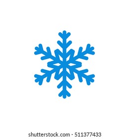 Snowflake icon. Blue silhouette snow flake sign, isolated on white background. Flat design. Symbol of winter, frozen, Christmas, New Year holiday. Graphic element decoration. Vector illustration