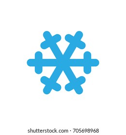Snowflake icon. Blue silhouette snow flake sign, isolated on white background. Flat design. Symbol of winter, frozen, Christmas, New Year holiday. Graphic element decoration. Vector illustration