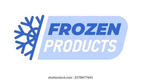 Snowflake icon and bold blue Frozen Products text on a light blue and white background. Flat style, emphasizing cold, freshness, and frozen food concept. Vector illustration.